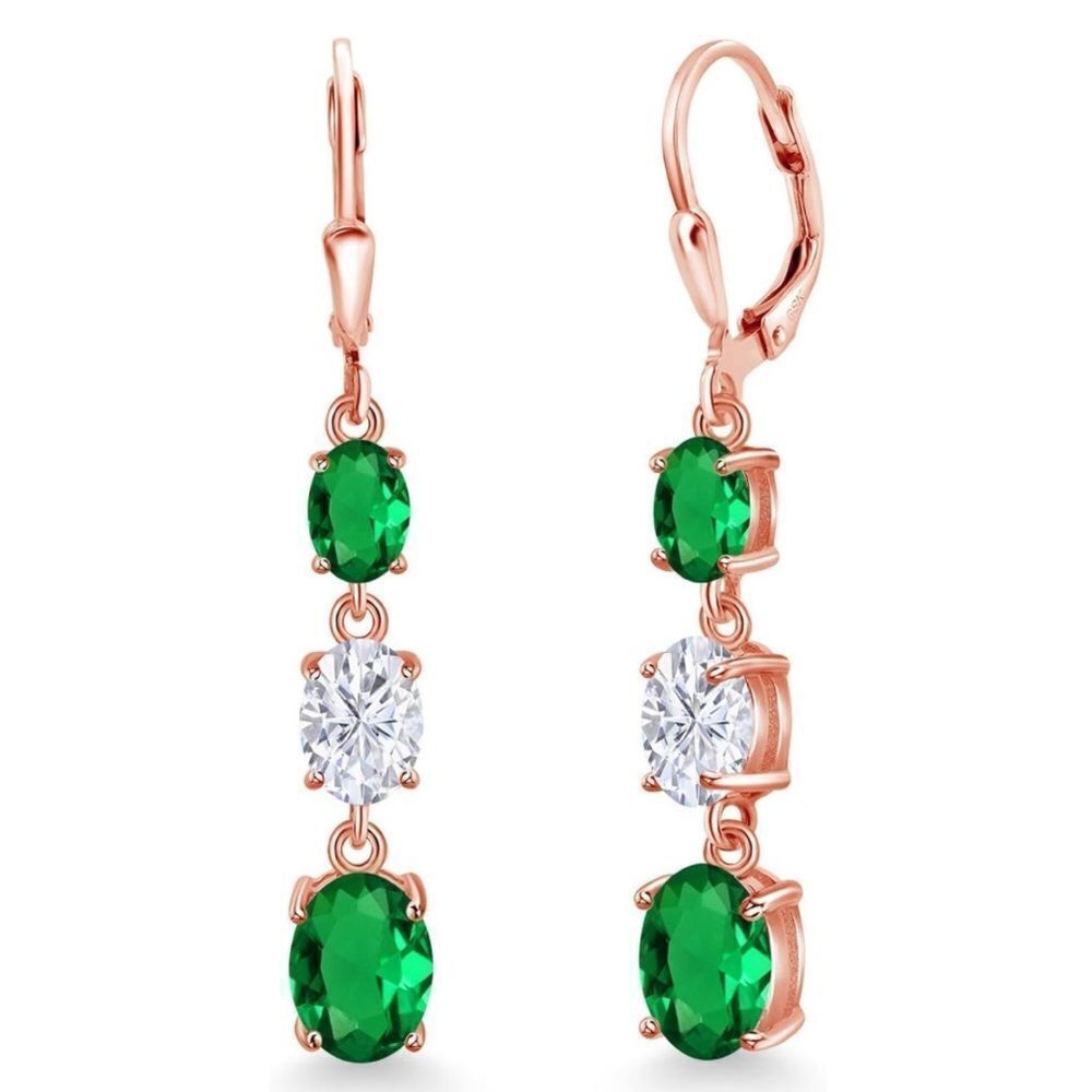 18K Rose Gold with 4.10 Cttw 3 Stone Emerald and White Moissanite Drop Earrings